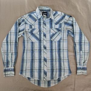 Wrangler Pearl Snap Long Sleeve Plaid Blue Stitching Detail